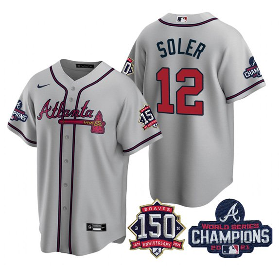 Men's Atlanta Braves #12 Jorge Soler 2021 Grey World Series Champions With 150th Anniversary Patch Cool Base Stitched Jersey Men's Atlanta Braves #12 Jorge Soler 2021 Grey World Series Champions With 150th Anniversary Patch Cool Base Stitched Jersey